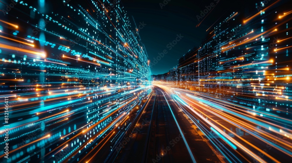 Digital data flow on road with motion blur to create vision of fast speed transfer . Concept of future digital transformation , disruptive innovation and agile business methodology . Digital data flow on road with motion blur to create vision of fast speed transfer . Concept of future digital transformation , disruptive innovation and agile business methodology .