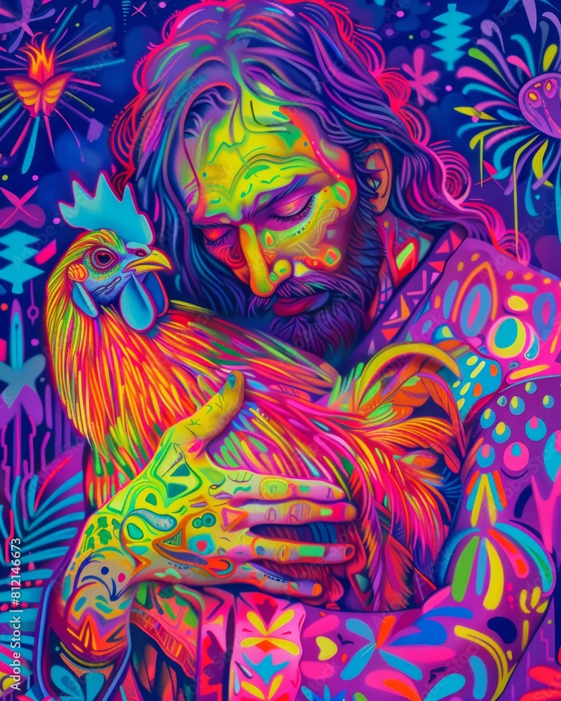 Vibrant Abstract Art with Rooster and Rainbow Colors for Spiritual Designs Generative AI