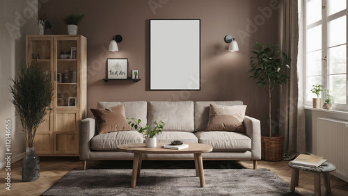 Rustic wooden coffee table near beige sofa against brown wall with poster frame. Scandinavian interior design of modern living room, home.