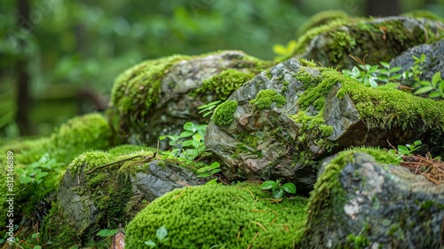 The texture of moss-covered stones in a tranquil forest clearing.