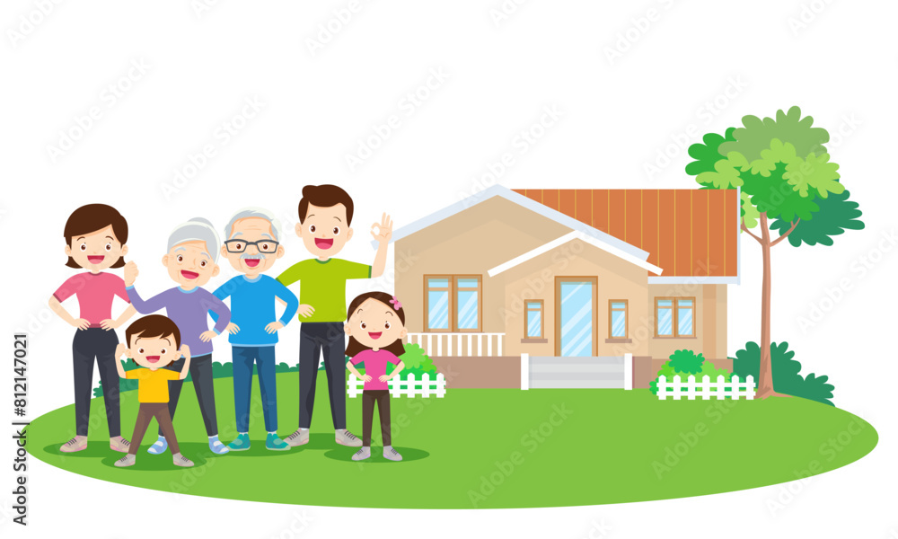 Happy big family in front of house ,rainbow Happy big family in front of house ,rainbow