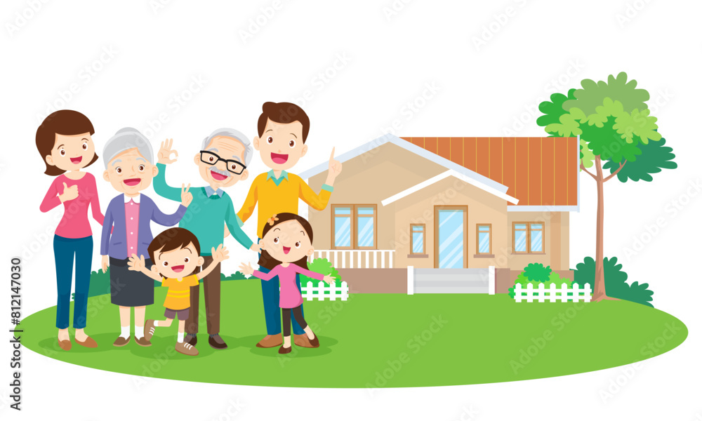 Happy big family in front of house ,rainbow Happy big family in front of house ,rainbow