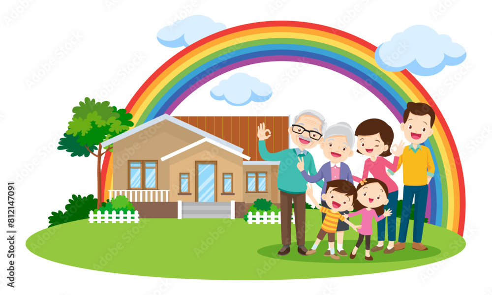 Happy big family in front of house ,rainbow Happy big family in front of house ,rainbow