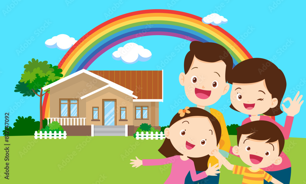 Happy big family in front of house ,rainbow