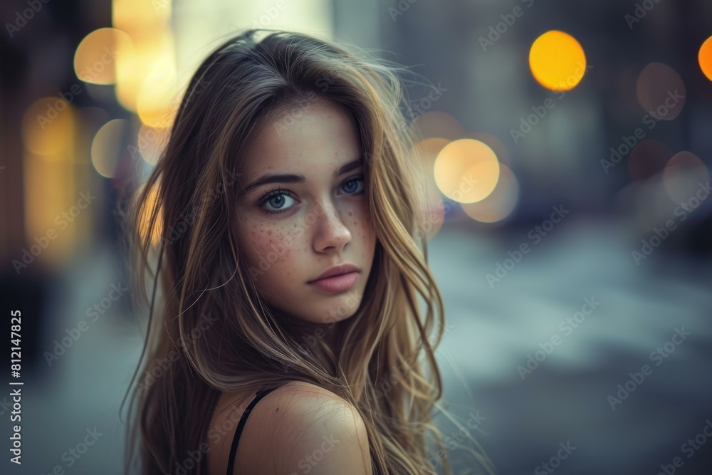 A woman with long brown hair and blue eyes stands in front of a city street. The image has a moody, urban feel to it, with the city lights in the background A woman with long brown hair and blue eyes stands in front of a city street. The image has a moody, urban feel to it, with the city lights in the background