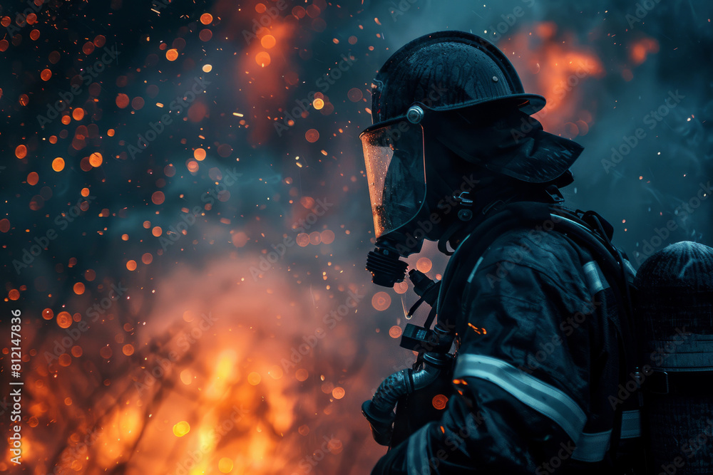 Naklejka premium fireman in protective clothing extinguishes a fire