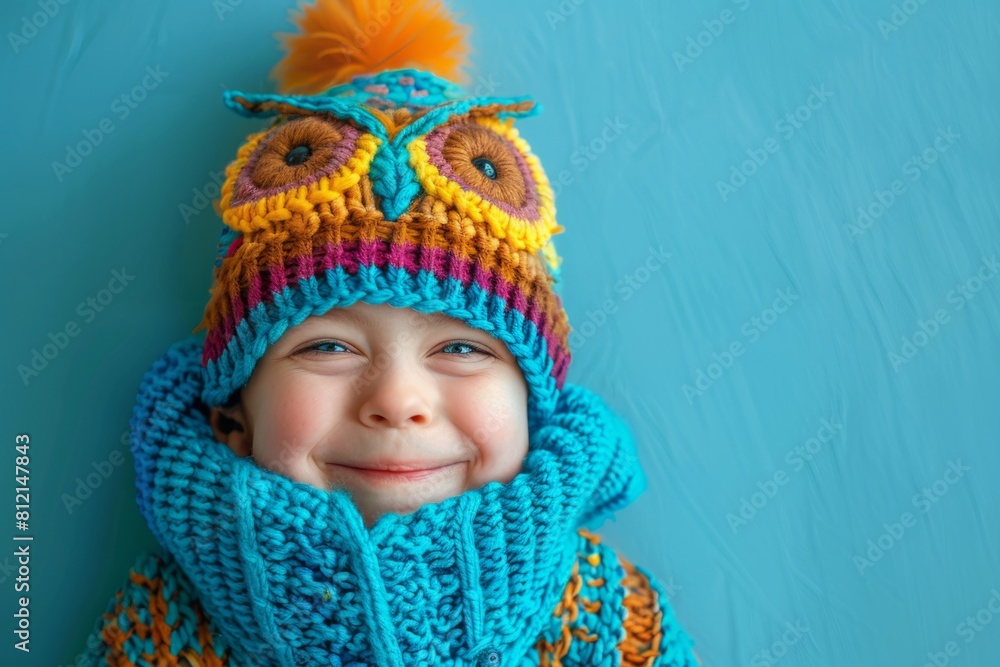 Happy child wearing a homemade knitted owl hat. Copy space for text Happy child wearing a homemade knitted owl hat. Copy space for text