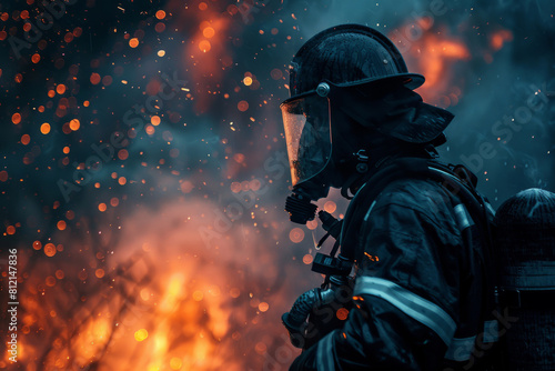 fireman in protective clothing extinguishes a fire