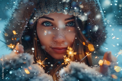 Beautiful girl with sparklers in a snowy forest