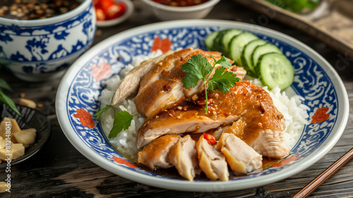Chicken rice in a Sangkhalok pattern porcelain plate, chicken with chicken skin, and cucumbers There is a small cup of bean curd dipping sauce with a Sangkhalok pattern.