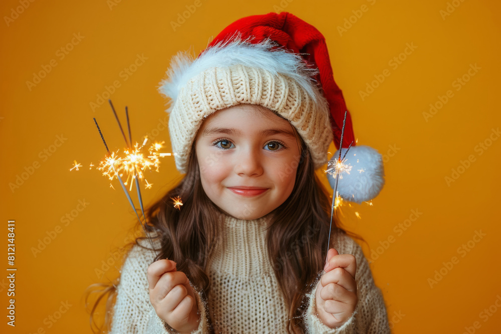 Girl with sparklers in a Santa hat waiting for the New Year or Christmas Girl with sparklers in a Santa hat waiting for the New Year or Christmas