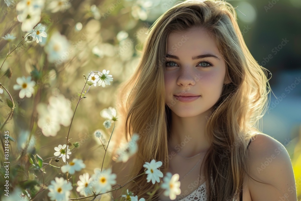 Portrait of a serene young lady surrounded by white wildflowers, bathed in warm sunlight Portrait of a serene young lady surrounded by white wildflowers, bathed in warm sunlight