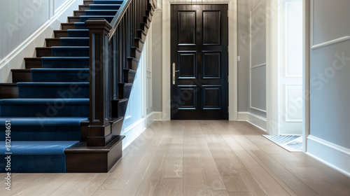 Elegant entrance with a rich blue staircase and a dark wooden door complemented by a light beige hardwood floor