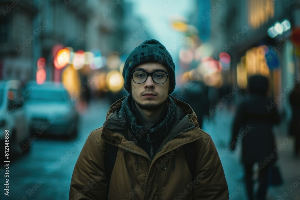 Focused image of a man in winter clothing with a blurry city street background Focused image of a man in winter clothing with a blurry city street background