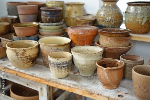 Rows of clay vases and dishes in the workshop