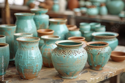 Rows of clay vases and dishes in the workshop