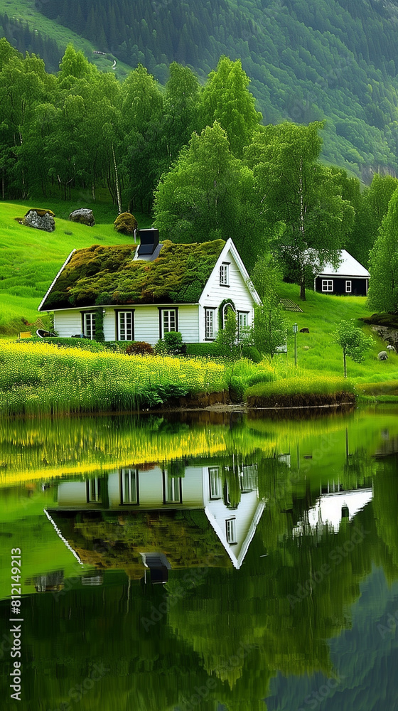 Obraz premium Tranquil scene of traditional norwegian houses with grass roofs reflected in the calm waters of a fjord surrounded by lush greenery