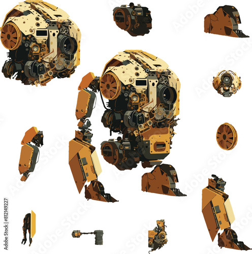 Disassembled robot mech style concept illustration. Indie game design vector graphics.