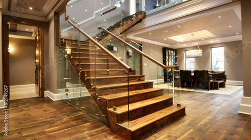 Elegant wooden staircase with glass railings in a newly designed luxury home showcasing modern craftsmanship