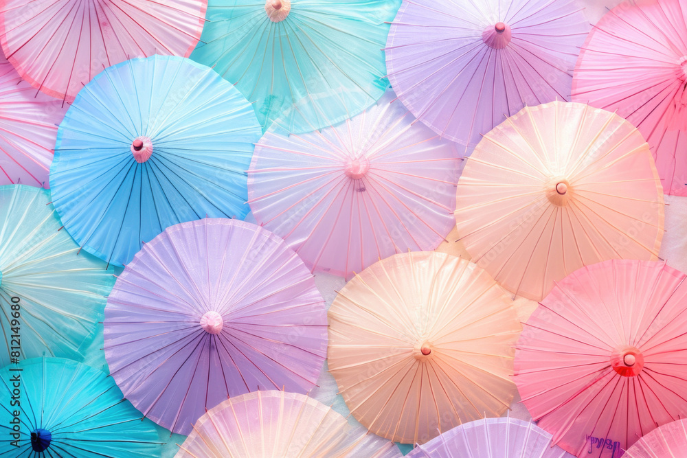 Obraz premium Repeating pattern with colorful pink, orange, yellow, red, and green umbrellas on a blue background
