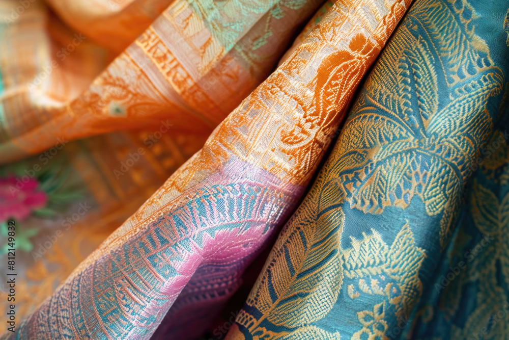 Close-up of colorful silk fabric with a traditional embroidery pattern Close-up of colorful silk fabric with a traditional embroidery pattern