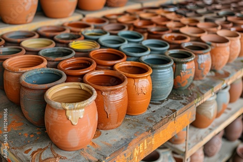 Pots, vases and dishes on a work table in a pottery workshop