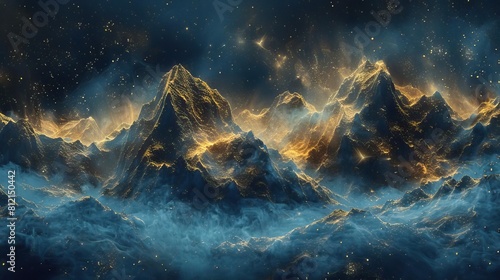 beautiful landscape of a mountain range at night. The mountains are covered in snow. There is a blue sky with many stars. photo