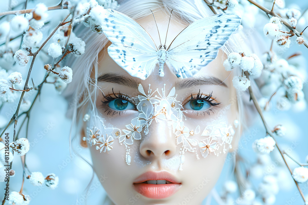 Close-up portrait of surreal young woman with butterfly on her face , blue background. High Concept Portraiture Close-up portrait of surreal young woman with butterfly on her face , blue background. High Concept Portraiture