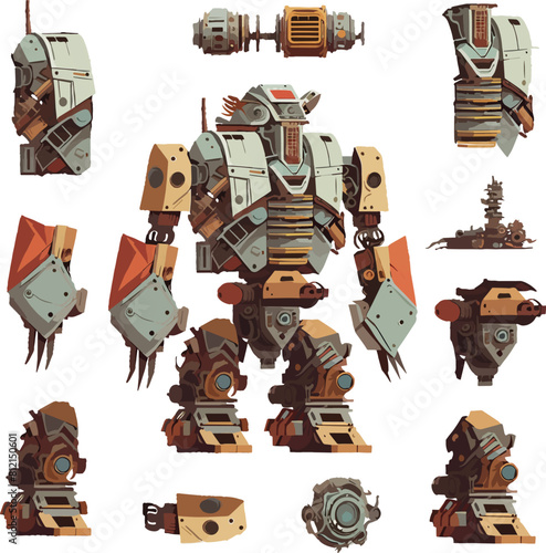 Disassembled robot mech style concept illustration. Indie game design vector graphics.