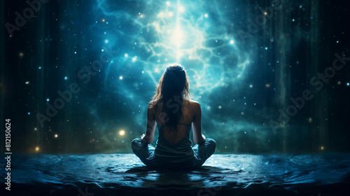 A woman meditates in lotus position against the background of the cosmic universe.  © vladzelinski