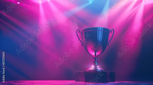 The silver trophy is placed on the center of the stage. The background is dark with blue and purple spotlights shining down.