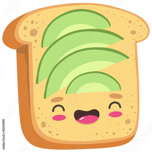 Avocado toast, cute and cartoon character with happy emotion, food. Food vector character. © EkaterinaGr
