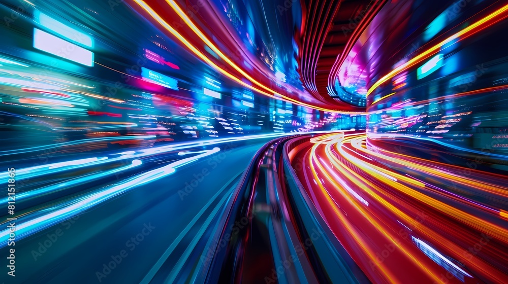 Vibrant city lights blur in a high speed urban rush Vibrant city lights blur in a high speed urban rush