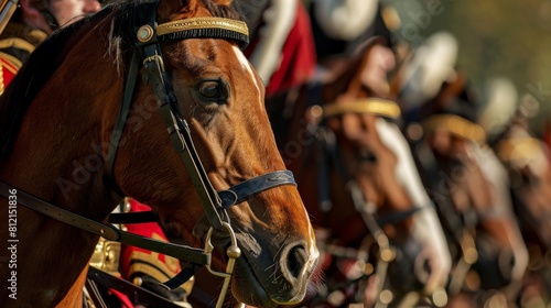 The image shows a close-up of a horse's head with a rider in the background. The horse is wearing a bridle and is looking at the camera. The rider is wearing a military uniform.