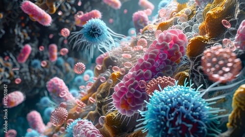 A vivid and detailed microscopic illustration showcasing a variety of bacteria and microorganisms in vibrant colors.