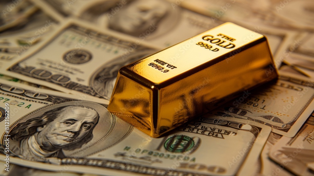 Gold bar on US dollar banknotes money, economy finance exchange trade investment concept. Gold bar on US dollar banknotes money, economy finance exchange trade investment concept.