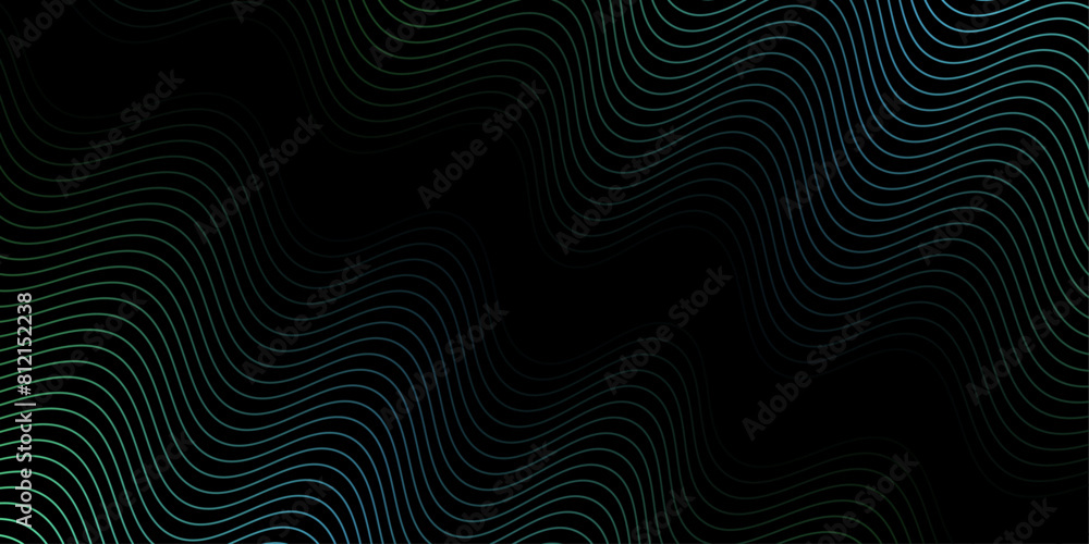 Abstract background with waves for banner. Medium banner size. Vector background with lines. Element for design isolated on black. Black, green and blue. Ocean, night, card Abstract background with waves for banner. Medium banner size. Vector background with lines. Element for design isolated on black. Black, green and blue. Ocean, night, card