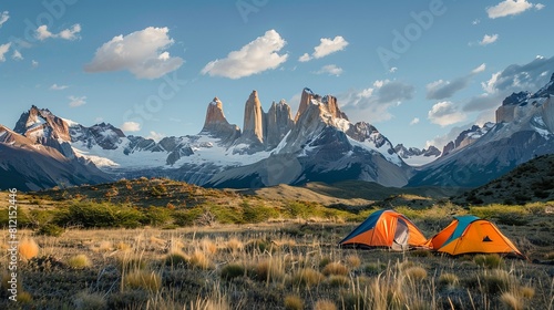 Traverse the rugged terrain of Patagonia on a multi-day hiking adventure, camping under the stars in the wilderness. © DayByDayCanvas