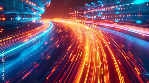 Vibrant light trails zooming through a cyber cityscape