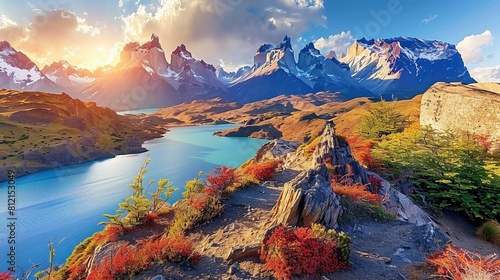 Trek through the rugged landscapes of Torres del Paine National Park in Chile, marveling at towering granite peaks and turquoise glacial lakes. photo