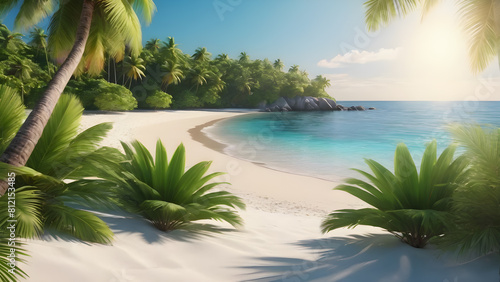 a beach with palm trees and a beach in the background.
