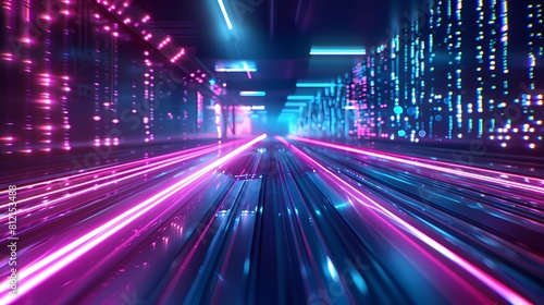 Vibrant neon lights in a high speed digital corridor