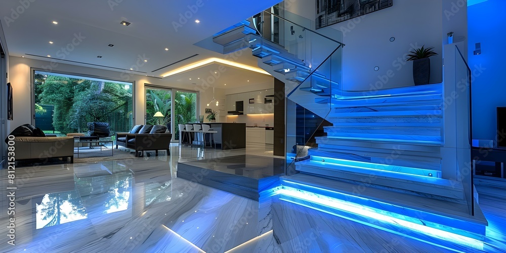 Modern staircase with glass balustrades and LED lighting for luxury