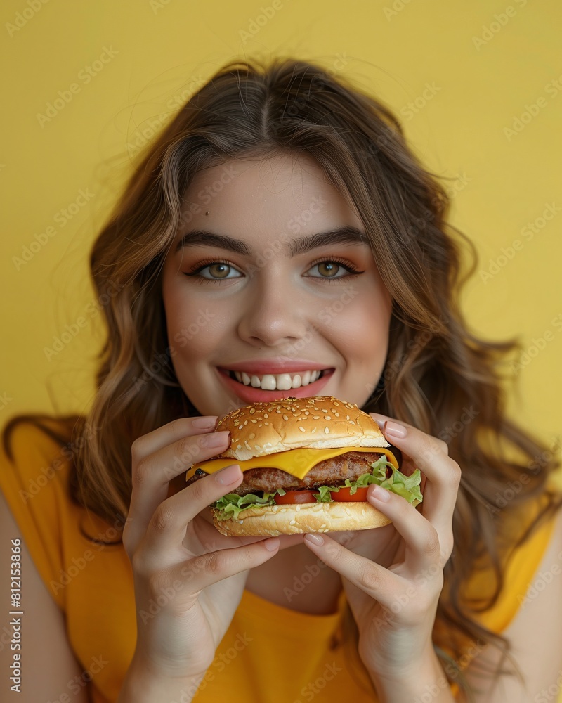 fat woman with burger on isolated background