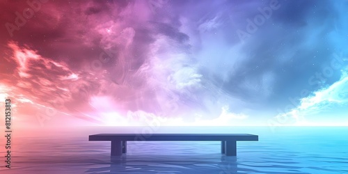 Mysterious biblical table bathed in celestial light against a stunning horizon: religious artwork. Concept Religious artwork, Biblical symbolism, Celestial light, Mysterious table, Stunning horizon,