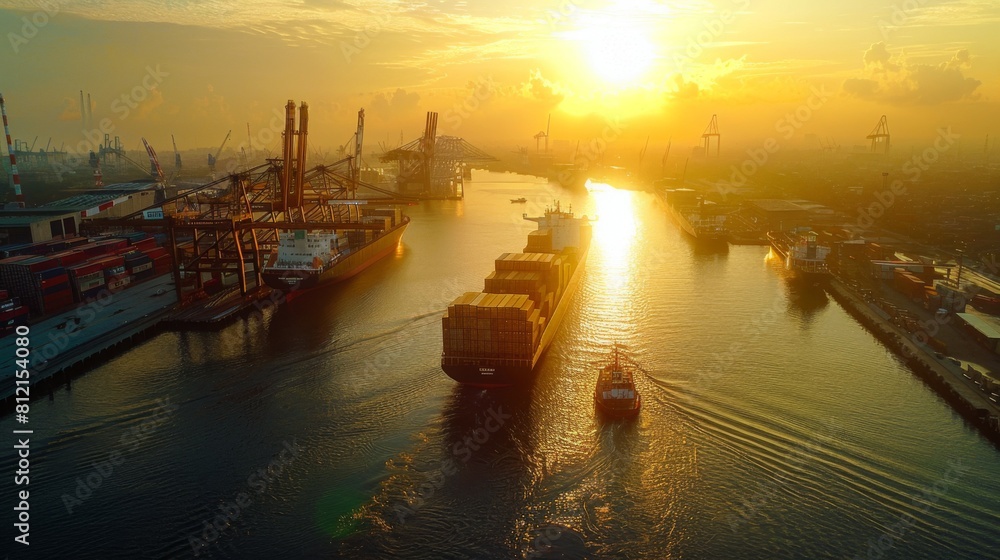 Logistics and transportation of Container Cargo ship and Cargo plane with working crane bridge in shipyard at sunrise, logistic import export and transport
