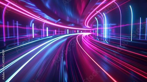 Vibrant neon lights streaking through a futuristic tunnel