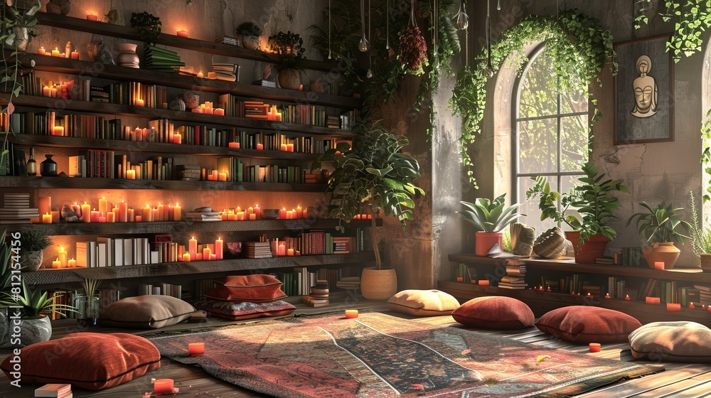 ultra detailed design of a quiet room filled with books, candles, and meditation cushions, showcasing a personal sanctuary for mindfulness