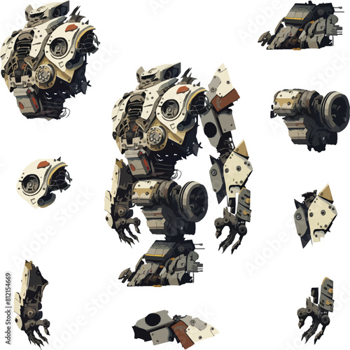 Disassembled robot mech style concept illustration. Indie game design vector graphics.