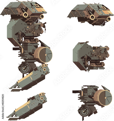 Disassembled robot mech style concept illustration. Indie game design vector graphics.